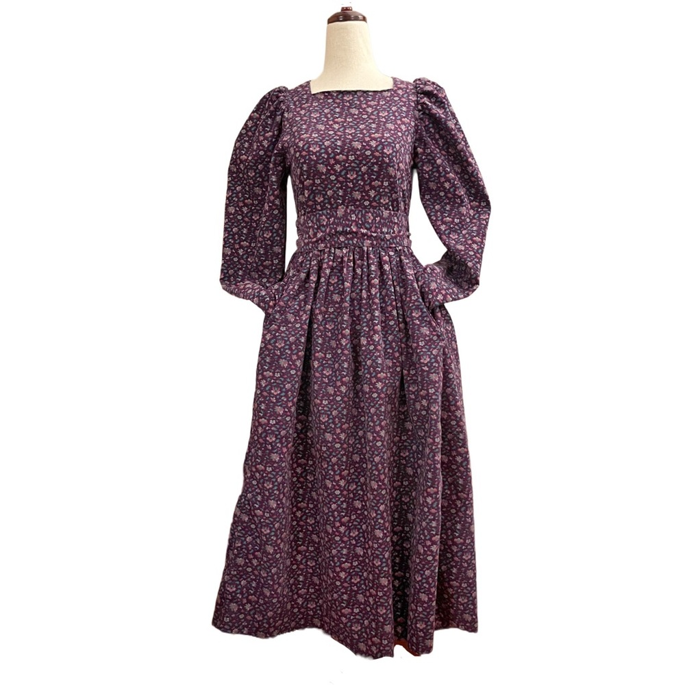 🚫Sold🚫Vintage Laura Ashley Purple Corduroy Floral Puff Sleeve A-line Dress - Picture 1 of 14